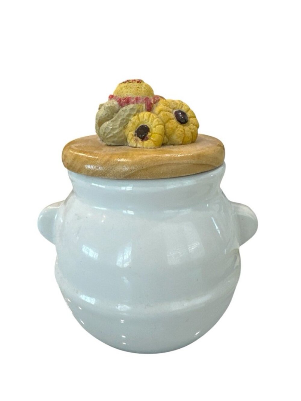 Vintage White Ceramic Canister Wooden Lid 3D Sunflower Bread Peanuts Harvest Jar